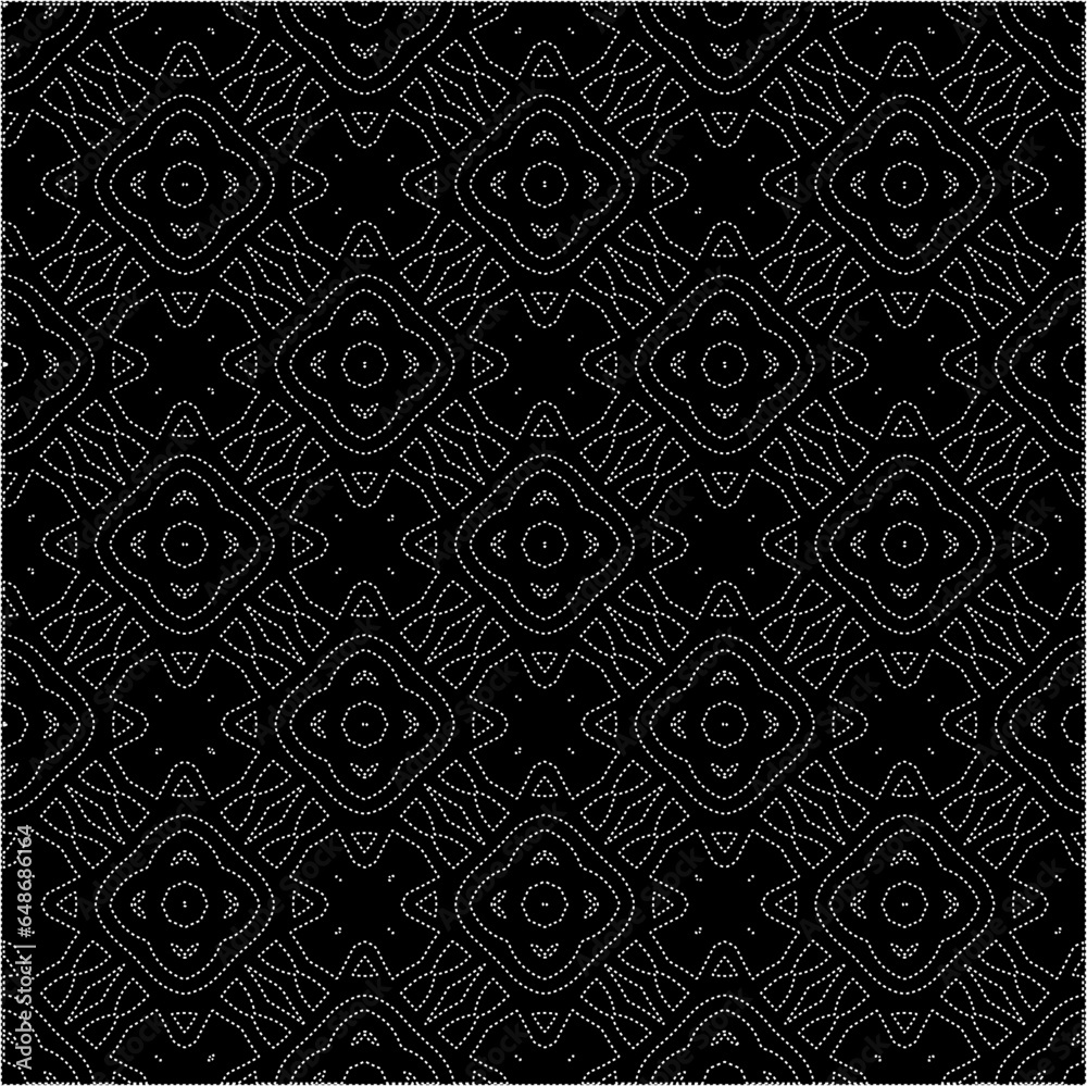 Black background with figures from dots . Black and white pattern for web page, textures, card, poster, fabric, textile. Repeating design. Black background with figures from dots . Black and white pattern for web page, textures, card, poster, fabric, textile. Repeating design.