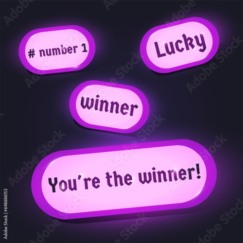 set of neon buttons number 1, lucky guy, winner, you're a winner