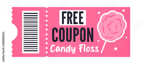 Free coupon candy floss isolated on white background. Cute pink coupon with cotton candy illustration