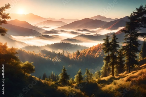 3D image showcasing a mountain landscape at sunrise