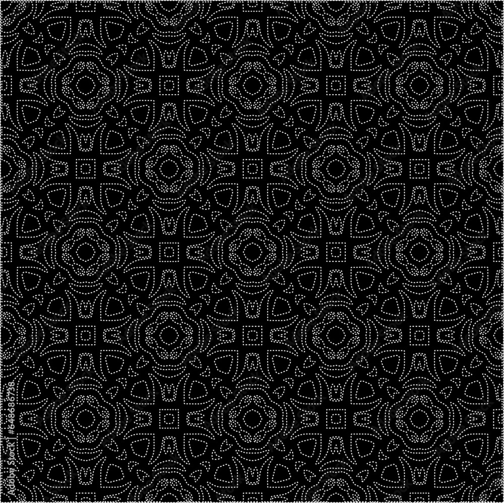 Black background with figures from dots . Black and white pattern for web page, textures, card, poster, fabric, textile. Repeating design. Black background with figures from dots . Black and white pattern for web page, textures, card, poster, fabric, textile. Repeating design.