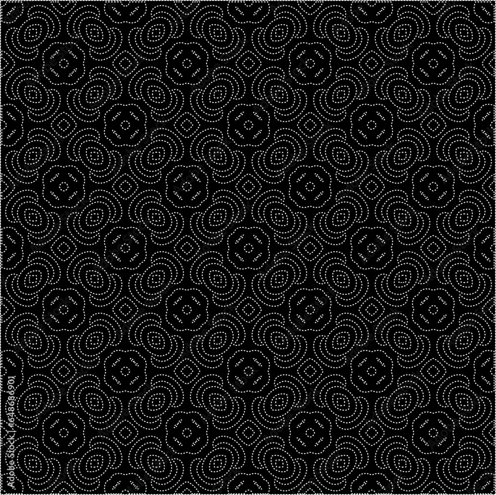 Black background with figures from dots . Black and white pattern for web page, textures, card, poster, fabric, textile. Repeating design. Black background with figures from dots . Black and white pattern for web page, textures, card, poster, fabric, textile. Repeating design.