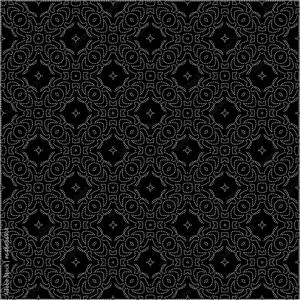 Black background with figures from dots . Black and white pattern for web page, textures, card, poster, fabric, textile. Repeating design. Black background with figures from dots . Black and white pattern for web page, textures, card, poster, fabric, textile. Repeating design.