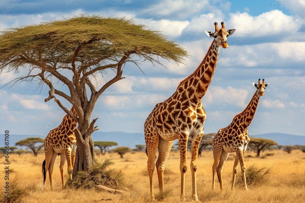 Giraffes feeding in Serengeti National Park, Tanzania. Generative AI