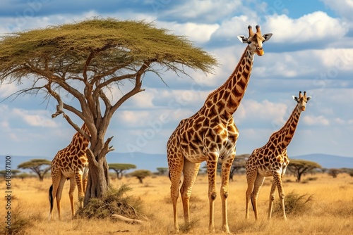 Giraffes feeding in Serengeti National Park  Tanzania. Generative AI