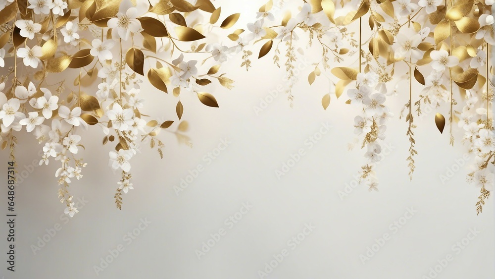 Elegant gold and royal white floral tree with leaves and flowers - obrazy, fototapety, plakaty 