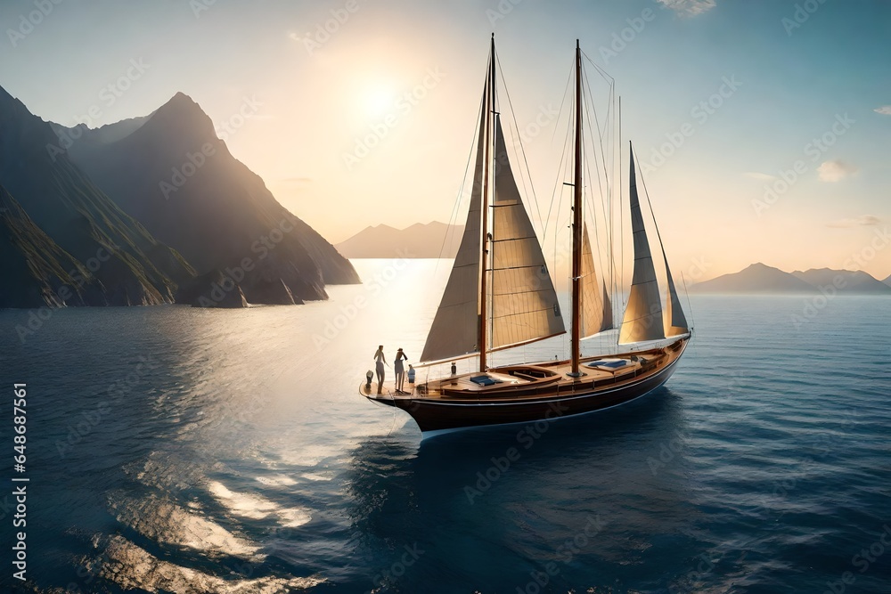 3D rendering of a sailboat gracefully gliding across the sea in the warm evening sunlight