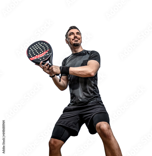 Padel tennis player on the transparent background outdoors. Paddle tenis template for bookmaker design ads with copy space. Mockup for betting advertisement. Sports betting on tenis