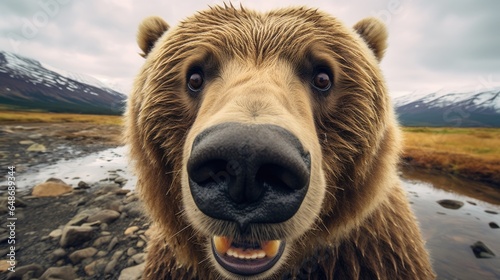 Close-up portrait of a bear in a clearing in the forest. Detailed image of the muzzle. A wild animal is looking at something. Illustration with distorted fisheye effect. Cover design, postcards. photo