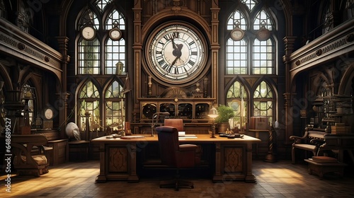 Vintage Study Room with Grand Clock and Gothic Windows