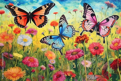 Wildflower Wonderland: Rainbow-Hued Wings and Graceful Butterflies Dance, generative AI © Michael