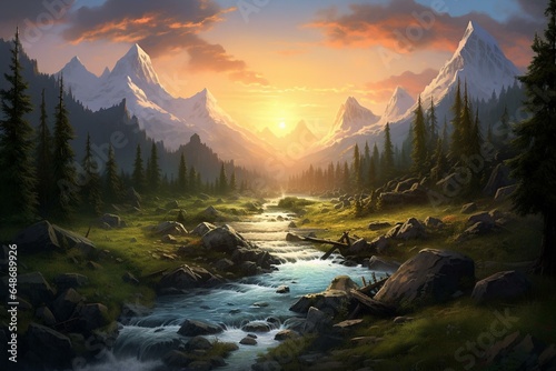 A serene depiction of mountains, meadows, trees, rivers, rocks, a forest, and a summer dawn. Generative AI