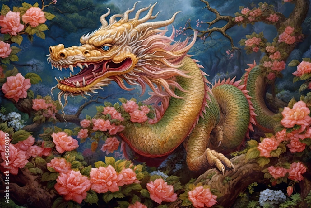 Fototapeta premium Enchanting Chinese Dragon: Scale Colors Shimmering in a Blossoming Garden, Harmonizing with Nature, generative AI