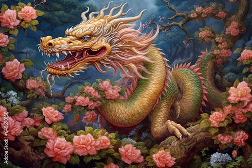 Enchanting Chinese Dragon  Scale Colors Shimmering in a Blossoming Garden  Harmonizing with Nature  generative AI