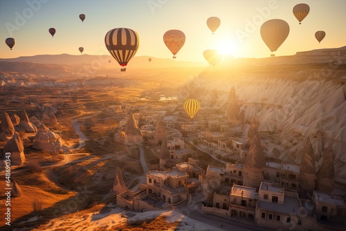 Cappadocia's air balloons, set against the mesmerizing canvas of the sunset sky, create a breathtaking spectacle in Turkey. AI-generated.