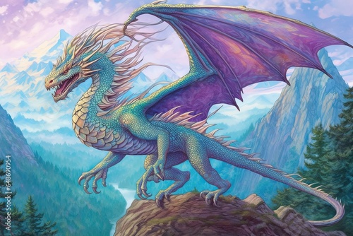 Dragon Drawings: Majestic Mythical Landscape with Soaring, Gleaming Azure and Amethyst Scales, generative AI © Michael