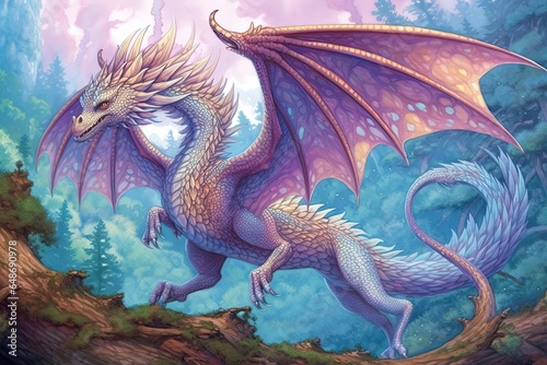Majestic Dragon Soaring: Vibrant Dragon Drawings in Azure and Amethyst Shades, generative AI © Michael