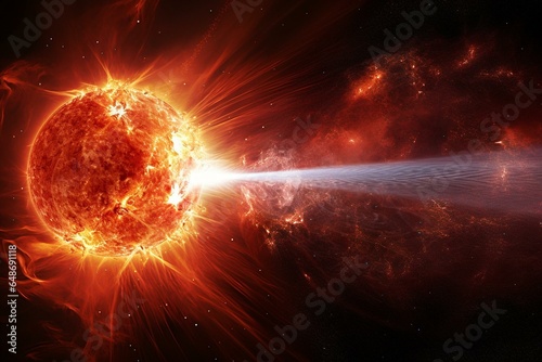 Representation of solar flare and plasma flash on a star's surface, alongside Earth and numerous stars. Generative AI photo