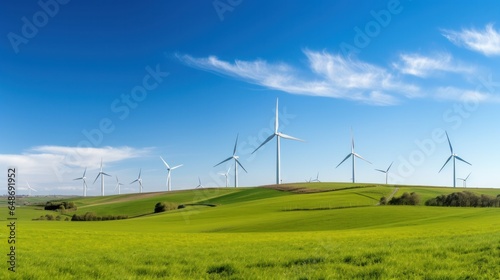 Wind turbine on grass field landscape. World environment and earth day concept.