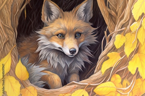 Enigmatic Charm: Captivating Image of a Sly Fox Peering Out from Behind Autumn Leaves, generative AI © Michael
