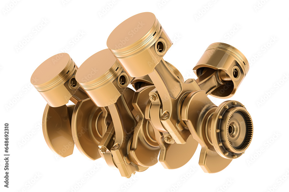Golden V6 engine pistons and cog, 3D rendering isolated on transparent ...