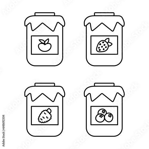 Set of jars with jam. Jam flavored with apple, strawberry, raspberry and blueberry. Sweet homemade food. Fruits and berries. Outline icons. No color for coloring book. Vector illustration.