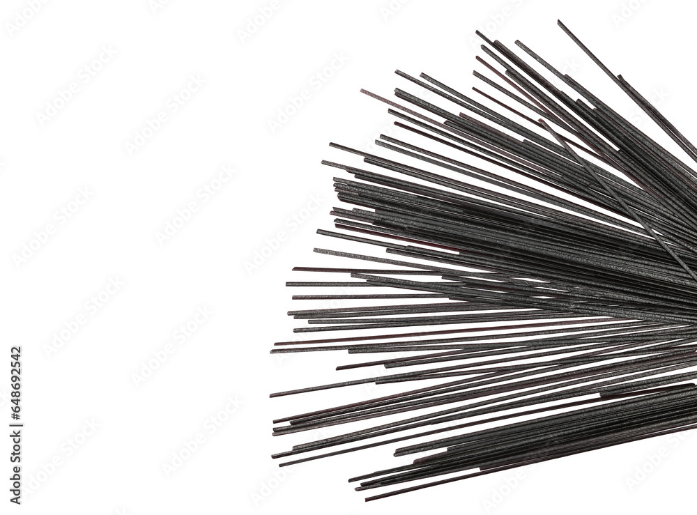 Black rice noodles, organic dried black and brown rice pasta isolated on white, top view Black rice noodles, organic dried black and brown rice pasta isolated on white, top view