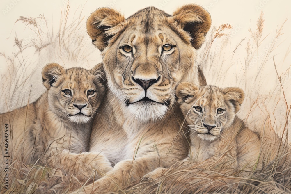 Serengeti Lioness Drawing: Nurturing Love and Strength with Majestic Cubs, generative AI