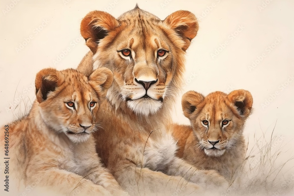 Majestic Lioness: Graceful Power and Fierce Love in the Serengeti - Drawing of a Lion Protecting Her Cubs, generative AI - obrazy, fototapety, plakaty 