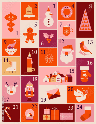 Advent Calendar, Merry Christmas poster, printable template with Xmas elements in modern minimalist style