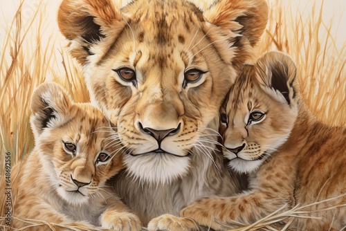 Majestic Lioness and Her Cubs  Nurturing Love and Strength in the Serengeti - A Powerful Lion Drawing  generative AI