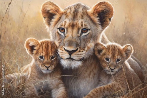 Majestic Lioness and Her Cubs in the Serengeti  Nurturing Love and Strength Exemplified in a Lion Drawing  generative AI