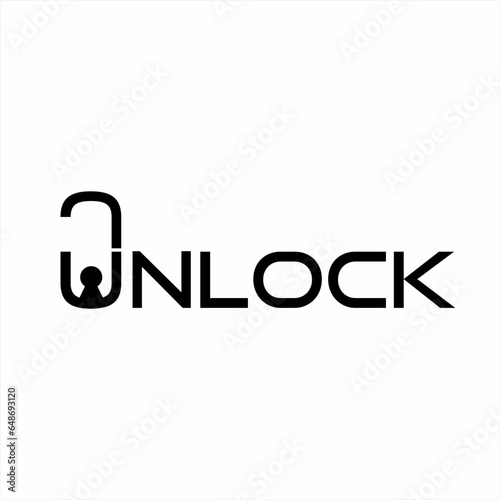 "Unlock" word design with illustration of open lock on letter U.