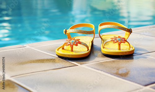 Yellow children's flip flops next to the swimming pool