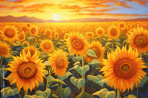 Blissful Morning Sky: A Radiant Sun Illuminates Sunflowers, Spreading Warmth and Hope, generative AI