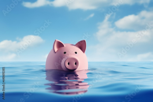 Pig piggy bank drowning in water. Debt concept. Background with selective focus and copy space