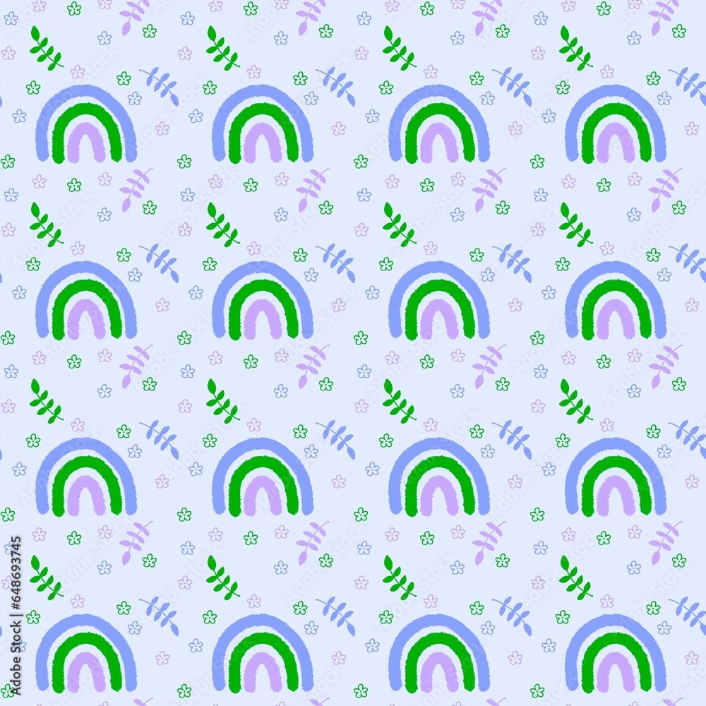 Cartoon rainbow seamless flower and leaves pattern for wrapping paper and fabrics and kids clothes print Cartoon rainbow seamless flower and leaves pattern for wrapping paper and fabrics and kids clothes print