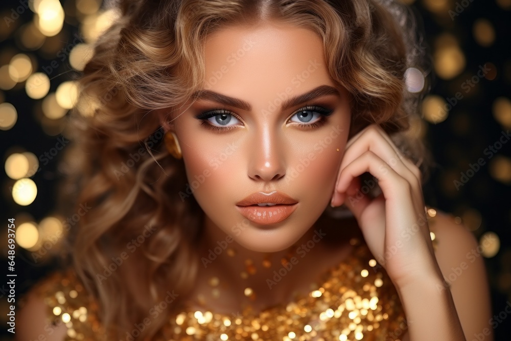 A woman in a golden dress with sequins. Creative portrait with selective focus
