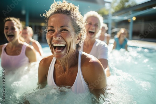 Happy woman in the pool during group classes. Aqua fit concept. Portrait with selective focus #648693710