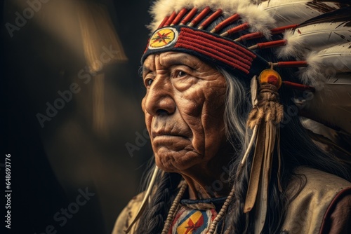The chief of the Apache Indians is a native American man. The concept of Columbus day and the discovery of America photo