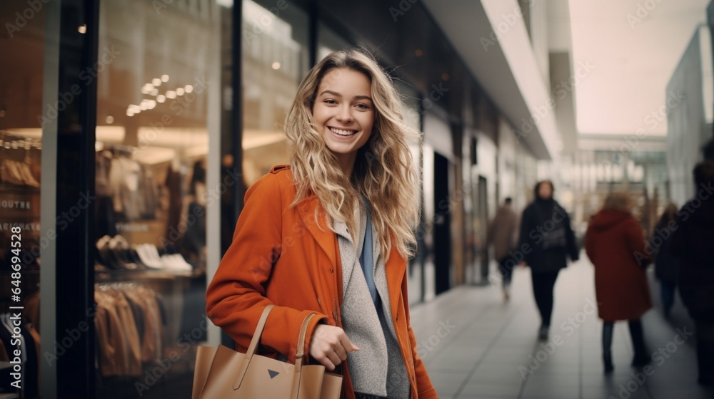 Young woman with shopping bags. Fashionable woman after shopping walking on street Young woman with shopping bags. Fashionable woman after shopping walking on street