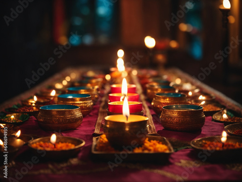 Table with candles and Diwali Festival decoration.