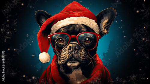 dog wearing in santa hat and glasses