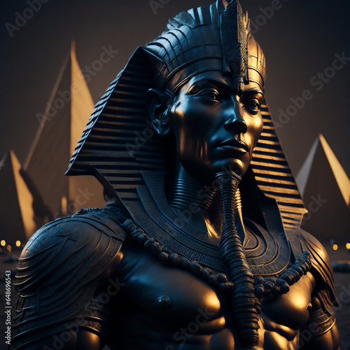 Egyptian god of pharaohs. Ancient Egyptian mythology. 3d rendering.Statue of pharaoh in front of the Egyptian background. 