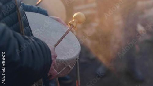 American Indian Drumming Circle, Skin Drum & Mallet, Smoke, 120fps Slow motion, Indian Reservation, spiritual, New Mexico USA