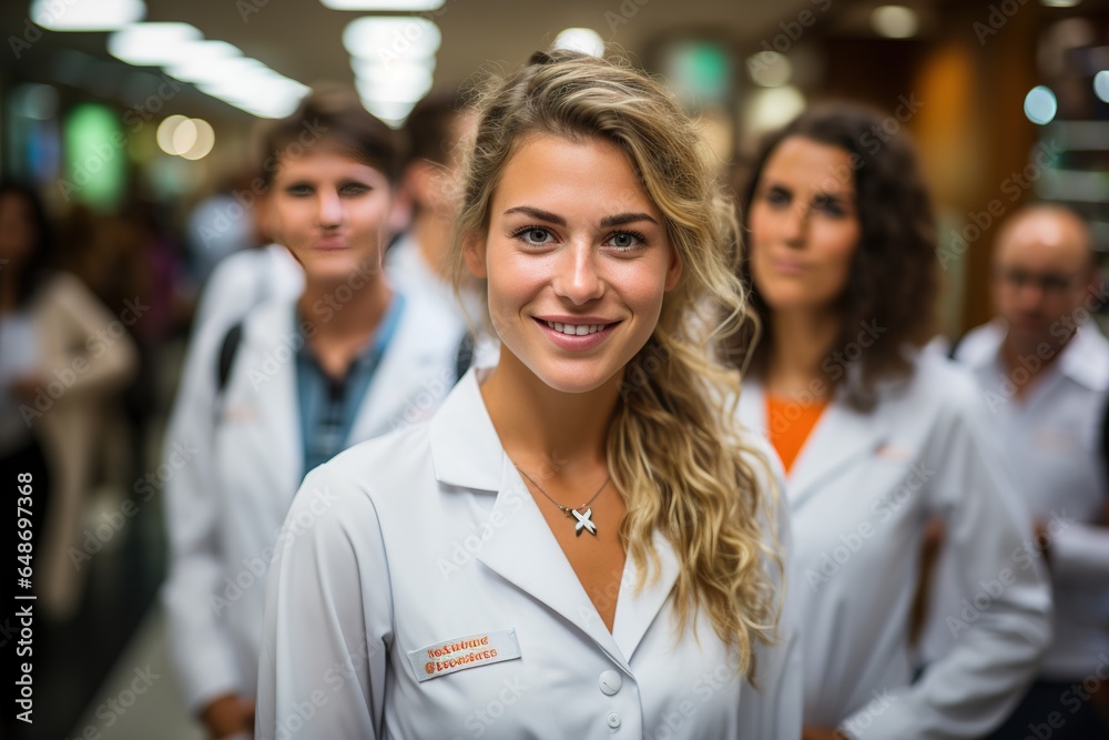 female doctor in a lab coat, smiling at the camera with her colleagues in the background female doctor in a lab coat, smiling at the camera with her colleagues in the background