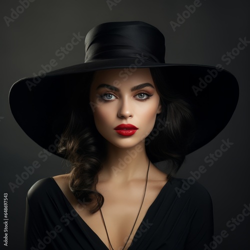 Beautiful woman with a black hat on black background