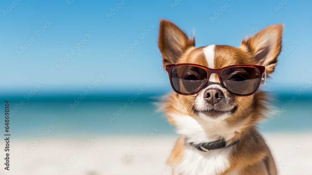 Cute dog in sunglasses, funny pet, summer background