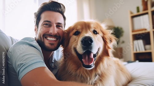 Happy dog and man together, friend of people at home