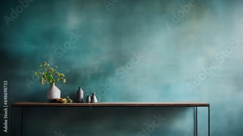 Table with Vase and Plants Against a Painterly Teal Wall in a Modern Home, Minimalistic Elegance - Generative AI